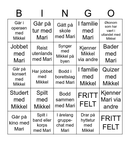 Mikkel og Mari- Bingo Card