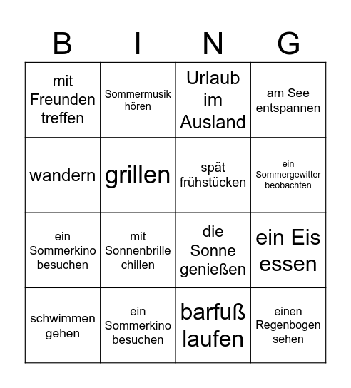 Sommerferien Bingo Card