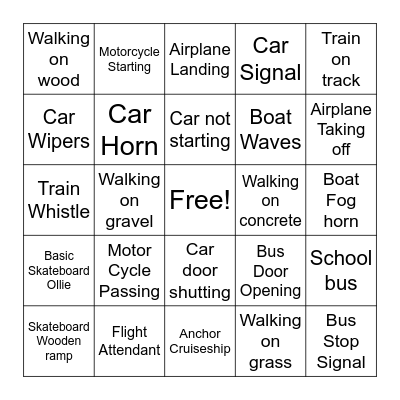 Transportation Bingo Card