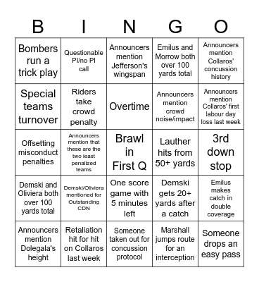 Banjo Bowl Bingo Card