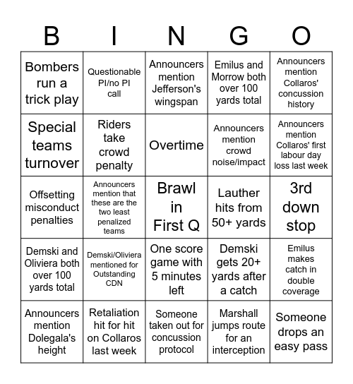 Banjo Bowl Bingo Card