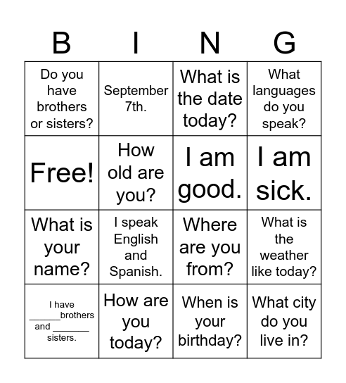 Introductions Bingo Card