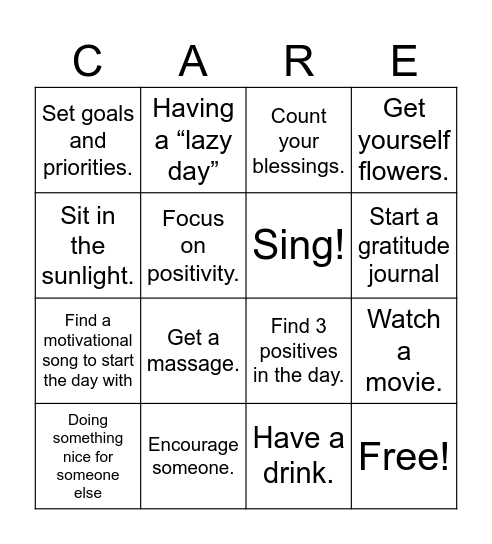 Self Care Bingo Card