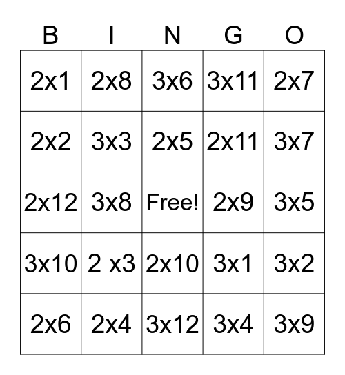Multiplication Bingo Card