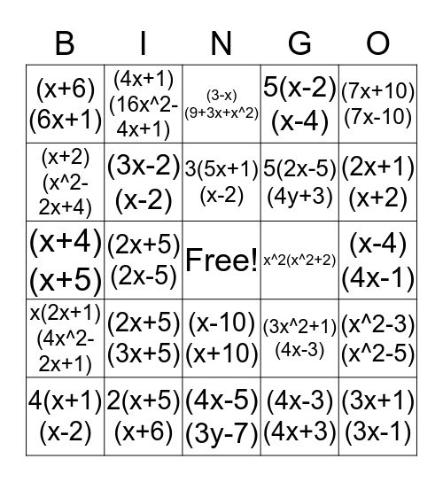 Factoring BINGO Card