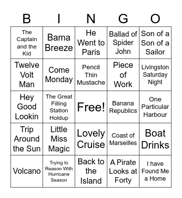 Jimmy Buffett Songs Bingo Card