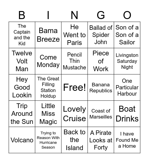 Jimmy Buffett Songs Bingo Card