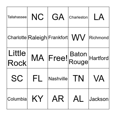 United States - Southeast Region Bingo Card