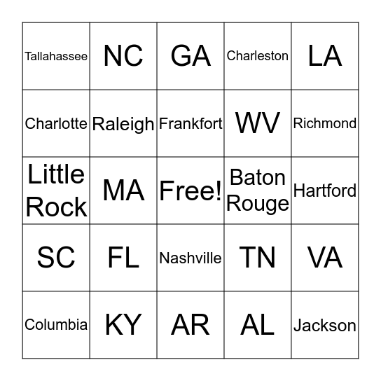 United States - Southeast Region Bingo Card