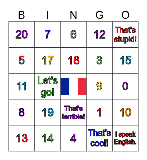 French 0-20  French to English Bingo Card