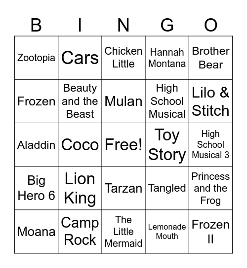 Disney Songs Bingo Card