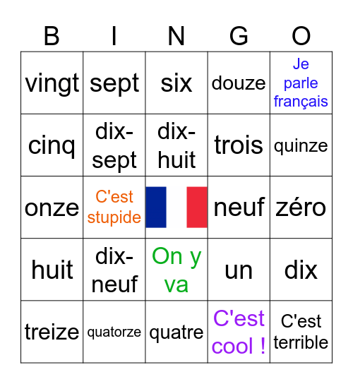 0-20 English to French Bingo Card