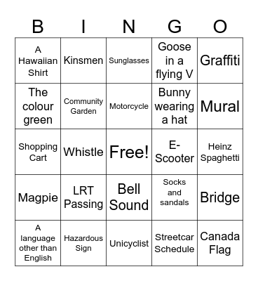 Street Car Gingo Bingo Card