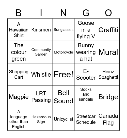 Street Car Gingo Bingo Card