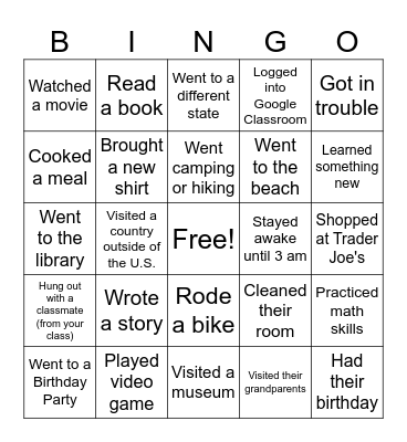 Welcome Back Bingo! Bingo Card