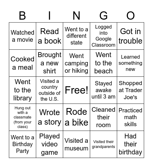 Welcome Back Bingo! Bingo Card