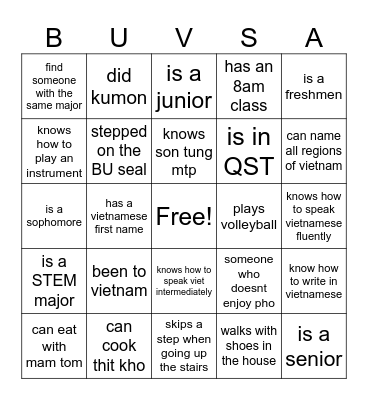 BUVSA Bingo Card