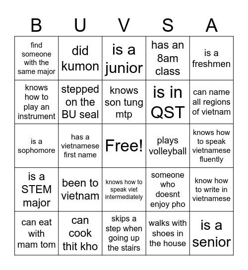BUVSA Bingo Card