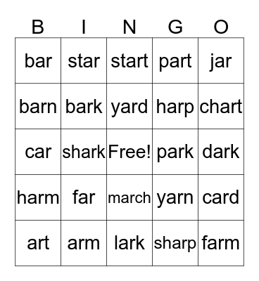 ar Words Bingo Card