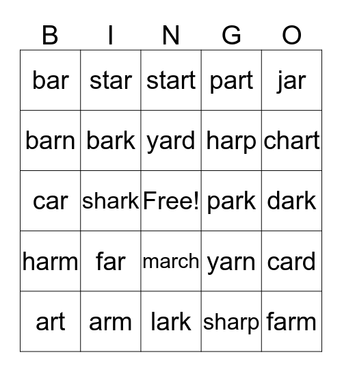 ar Words Bingo Card