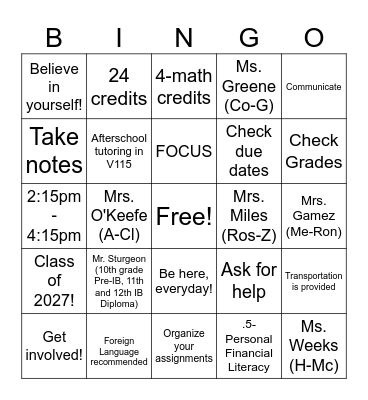 Working Towards Graduation Bingo Card