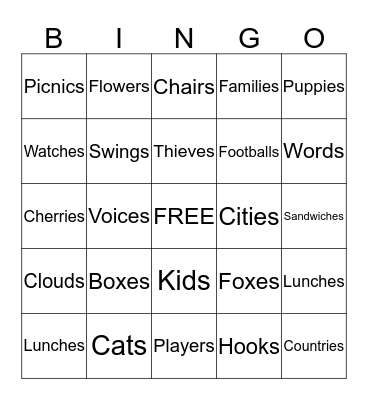 Plural Nouns Bingo Card