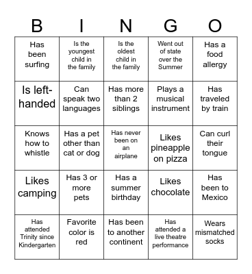 Getting to Know You Bingo Card