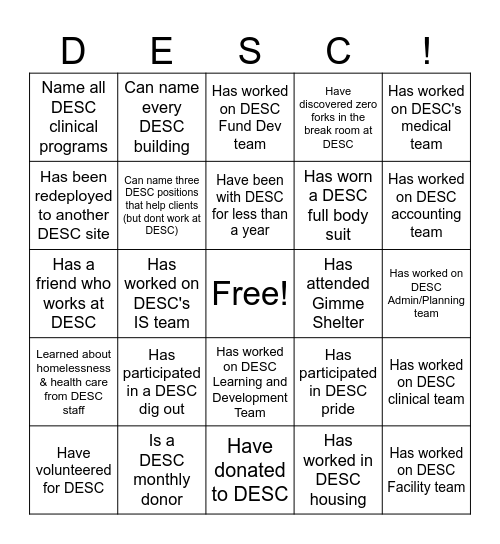 DESC in the Park Bingo Card