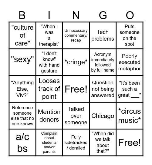 SAD Bingo Card