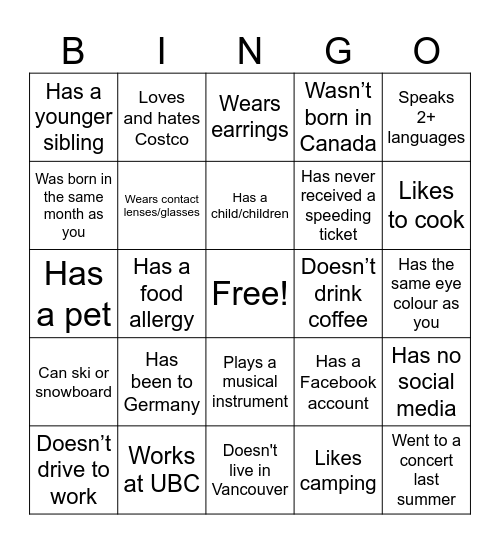 Get to Know You Bingo Card