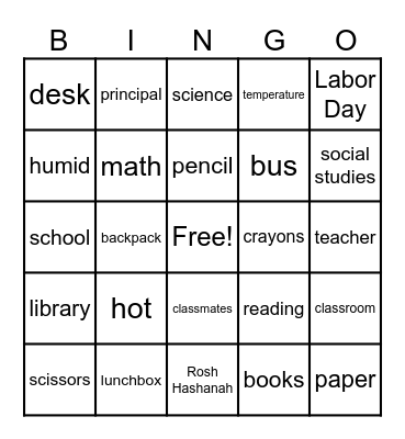 August & September Vocabulary Words Bingo Card