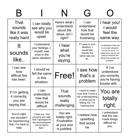 Empathy Bingo Card