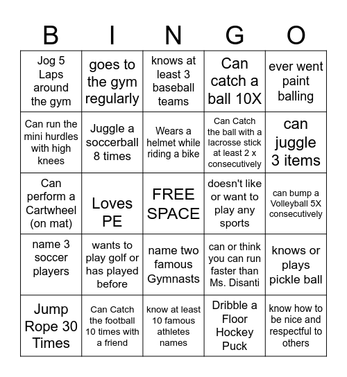 Getting To Know You Physical Education Bingo Card