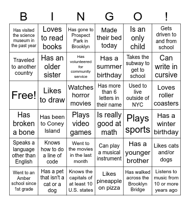 Classmate Bingo Card