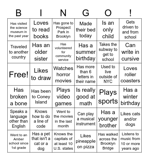 Classmate Bingo Card