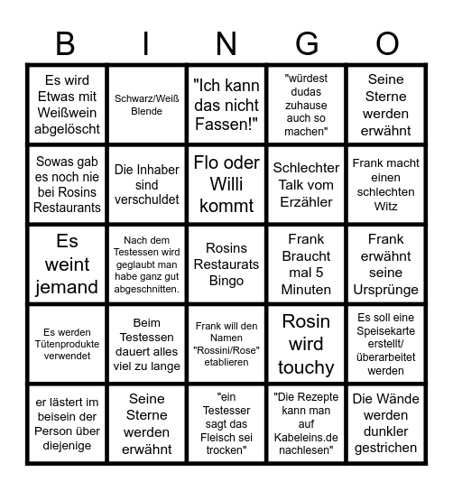 Rosins Restaurant Bingo Card