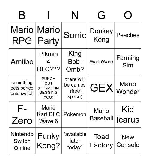 Nintendo Direct September 2023 Bingo Card