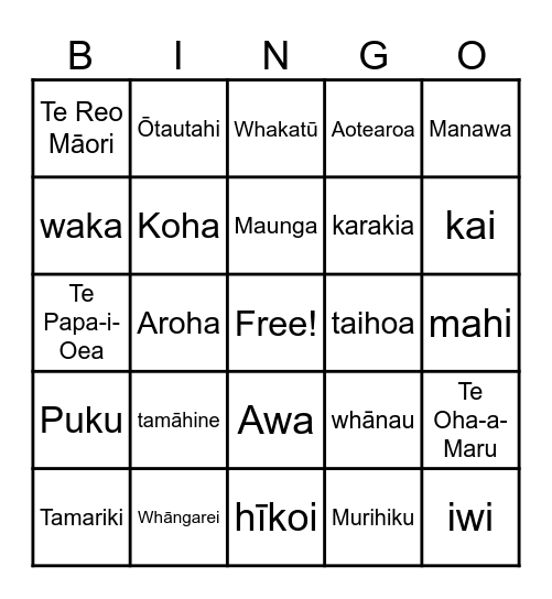 Te Reo Māori Bingo Card