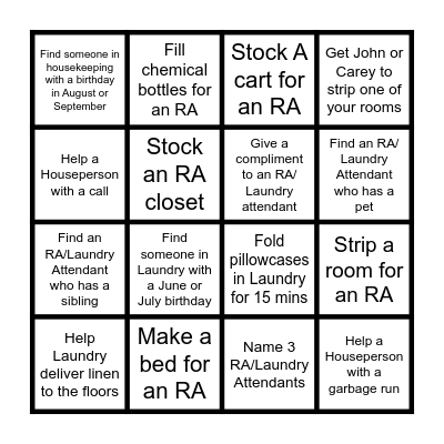 Housekeeping/Laundry Bingo Card