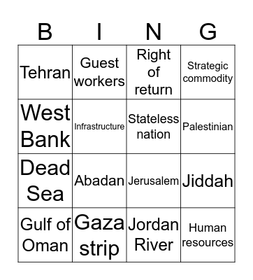 Middle East vocabulary Bingo Card