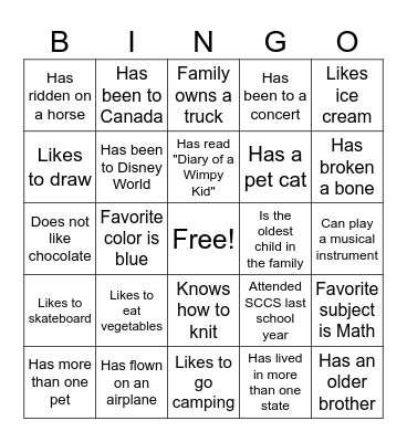 Classmate Bingo Card