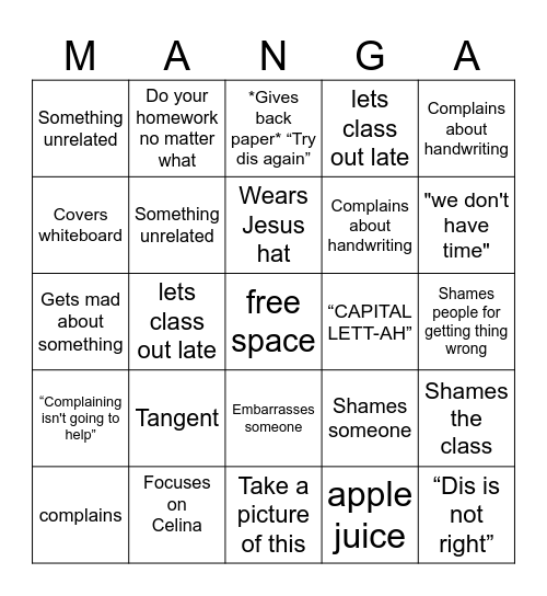 Mr Manga Bingo Card