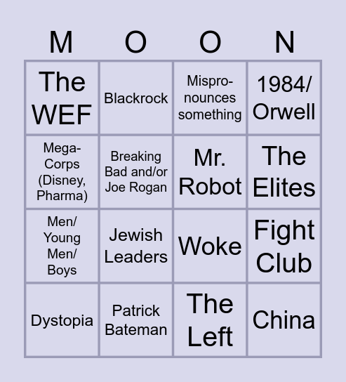 Moon Video Bingo Card