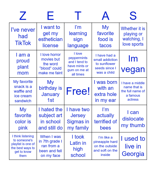 Meet the Zetas Bingo Card