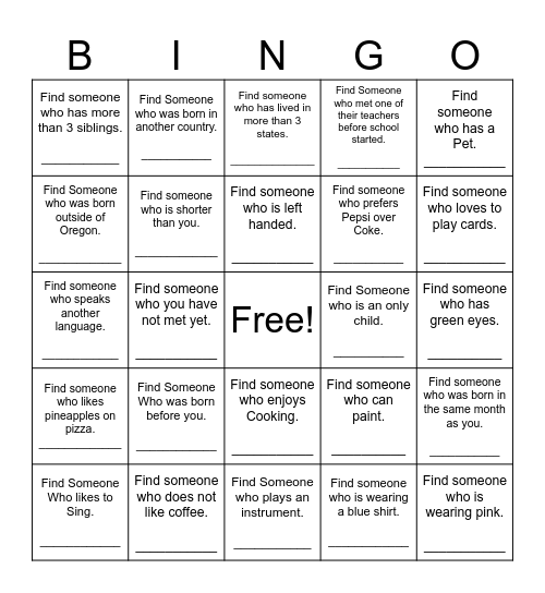 Find Someone Who Bingo Card