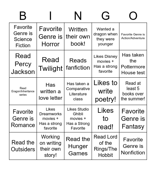 Comp Lit Club Bingo Card