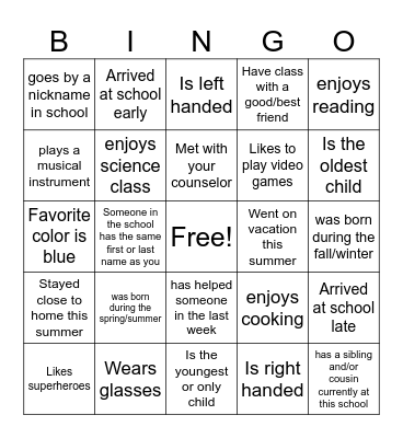 First Day of School Bingo Card