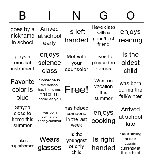 First Day of School Bingo Card