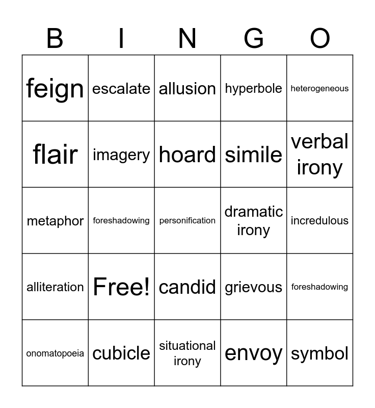 Vocabulary Unit 1 Bingo Card