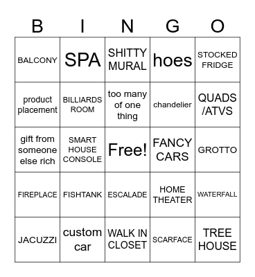 MTV Cribs Bingo Card